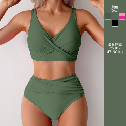 欧美ins度假风大码分体泳衣女2025新款性感高腰遮肚比基尼泡温泉
